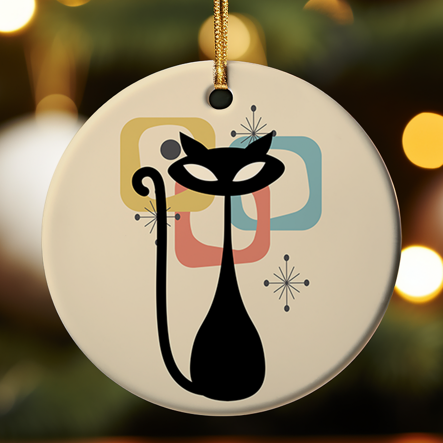 Decorative ornament featuring a sleek black cat silhouette set against a warm beige background, enhanced with subtle geometric square accents.