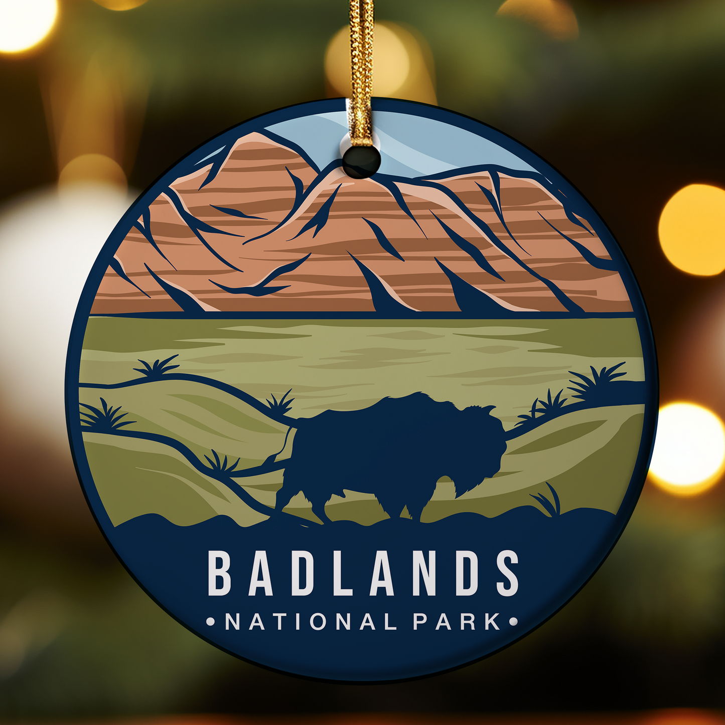 Ornament with Badlands National Park design featuring a mountain and silhouette of a bison.