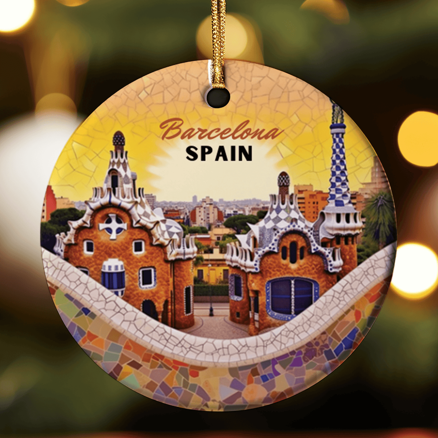 Decorative ornament with Barcelona, Spain design on a blurred lights background