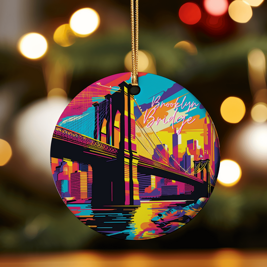 Ceramic travel ornament featuring the iconic Brooklyn Bridge in New York City, capturing the bridge's distinctive architecture against a backdrop of the skyline, ideal as a souvenir gift.