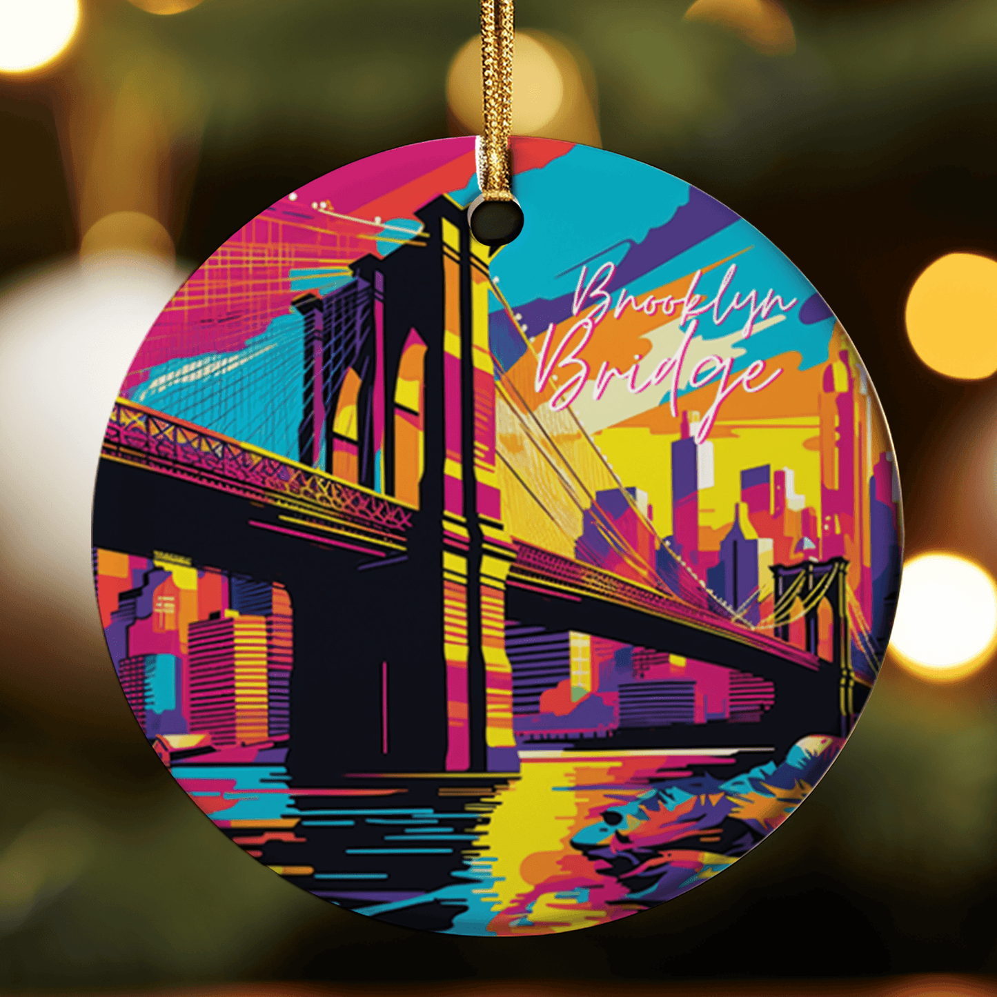 Colorful Brooklyn Bridge ornament with vibrant design on a blurred background