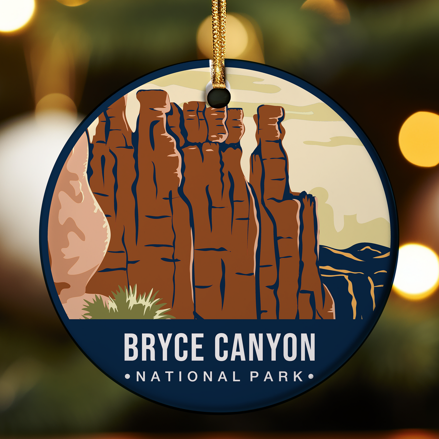 Ornament with Bryce Canyon National Park design on a blurred lights background
