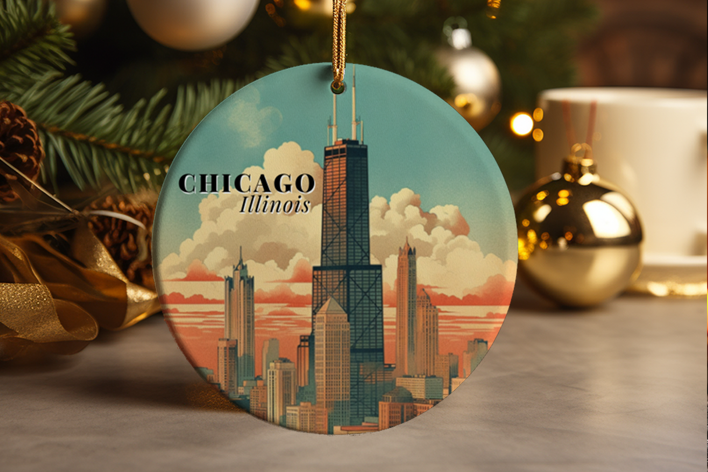 Chicago Illinois Willis Tower Retro Ceramic Ornament