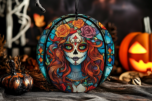 Mexican Catrina Day of the Dead Stained Glass Ornament