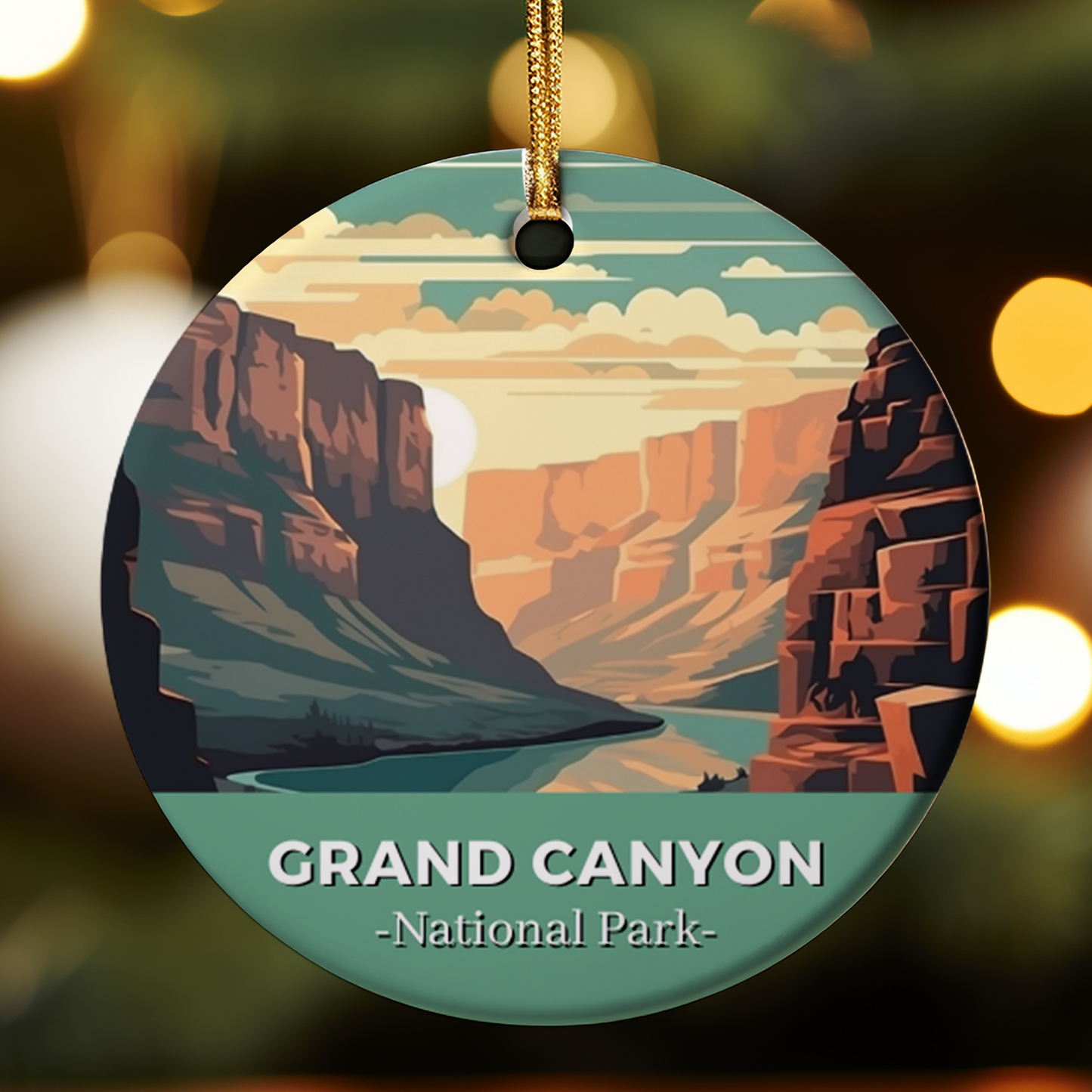 Circular ornament with Grand Canyon design and 'National Park' text, hanging against a blurred light background.