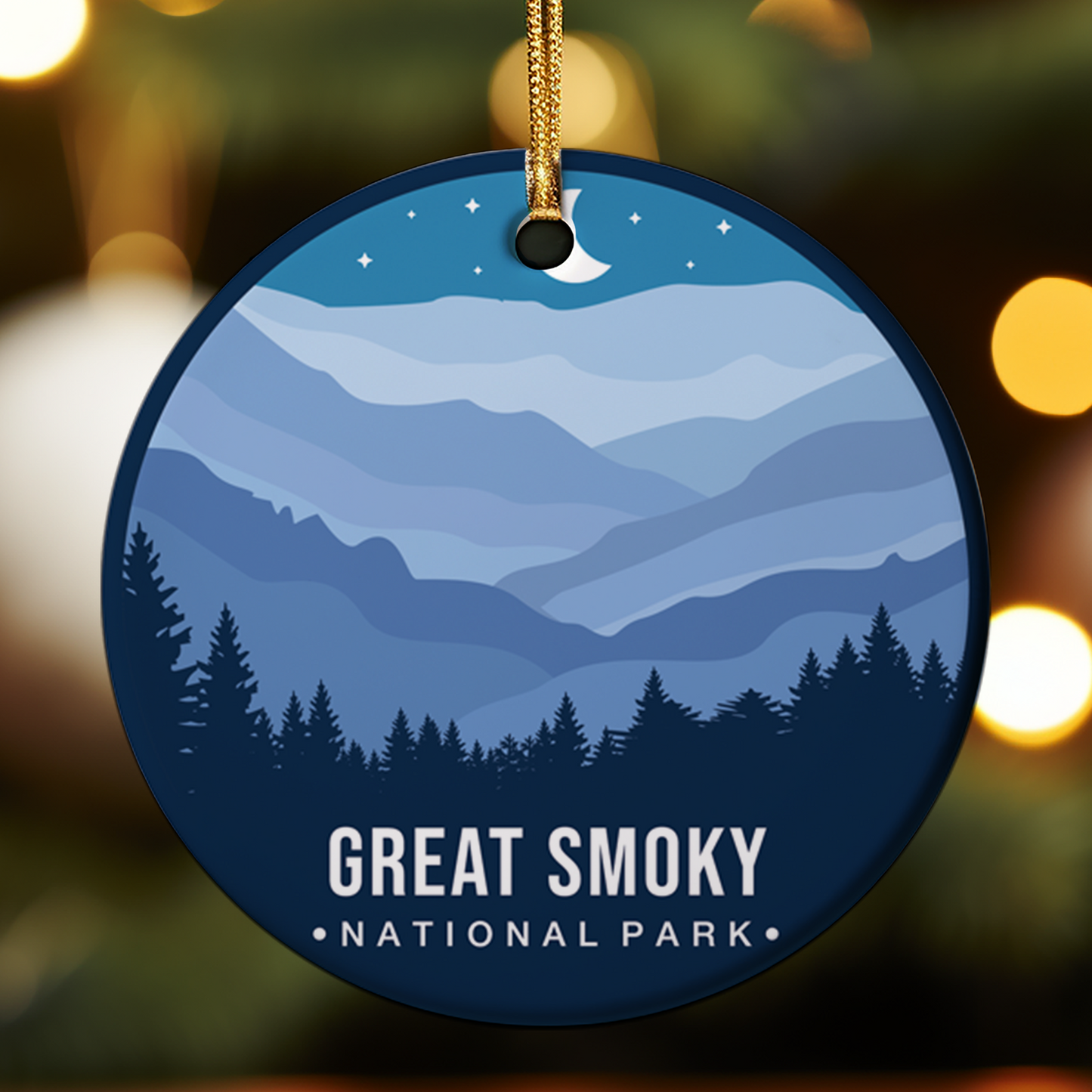Ornament with Great Smoky National Park design on a blurred lights background