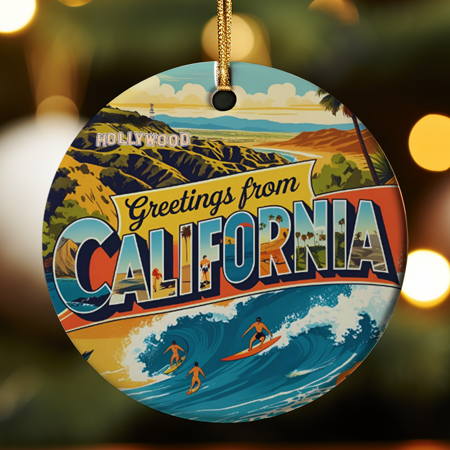 Circular ornament with 'Greetings from California' text and beach scene, featuring surfers and palm trees.
