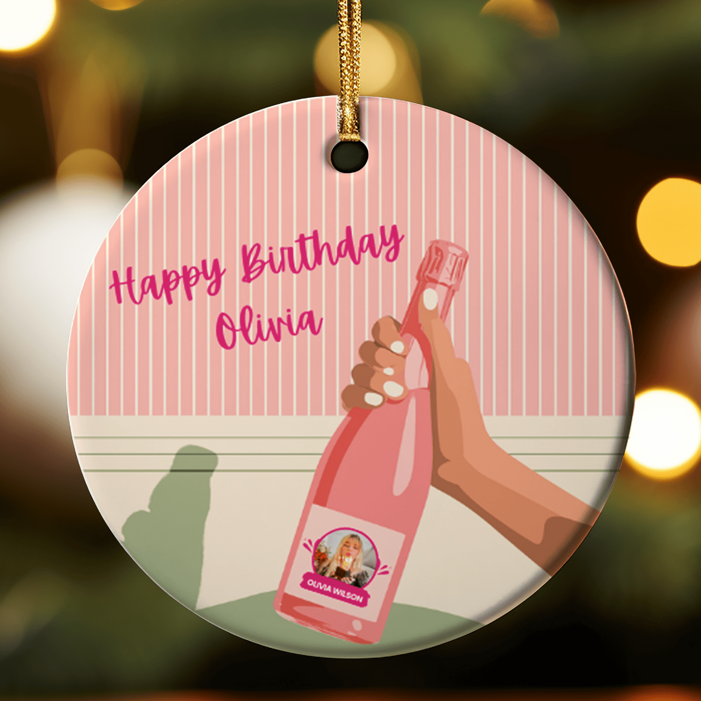 Happy Birthday Champagne Celebration Ornament Custom Name Photo Gift Personalized Party Keepsake