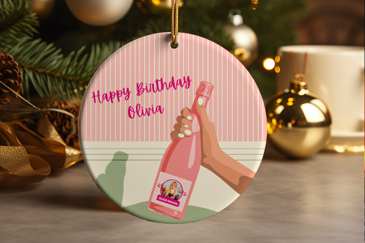 Happy Birthday Champagne Celebration Ornament Custom Name Photo Gift Personalized Party Keepsake