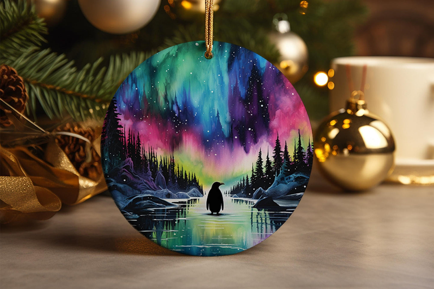 Northern Lights Penguin Ornament: Handmade Ceramic Christmas Tree Decor