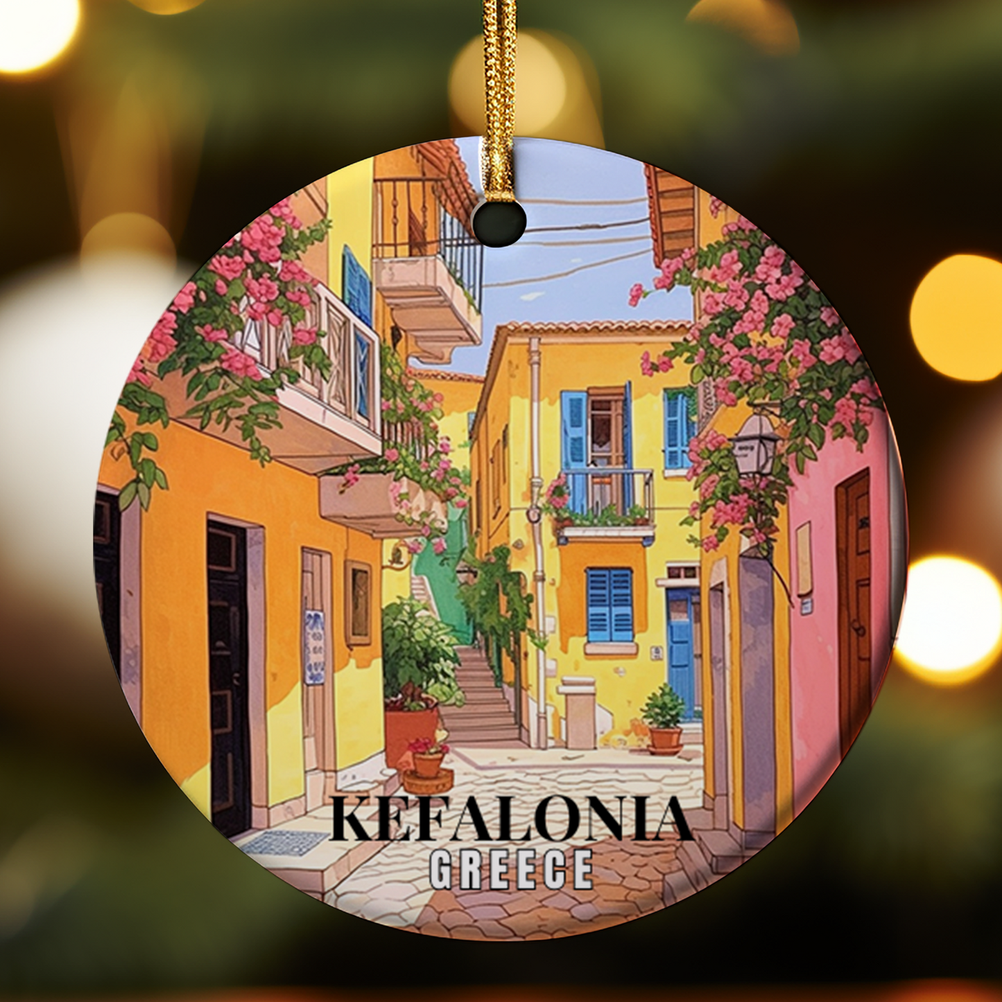 Decorative ornament with a colorful street scene of Kefalonia, Greece on a blurred light background.