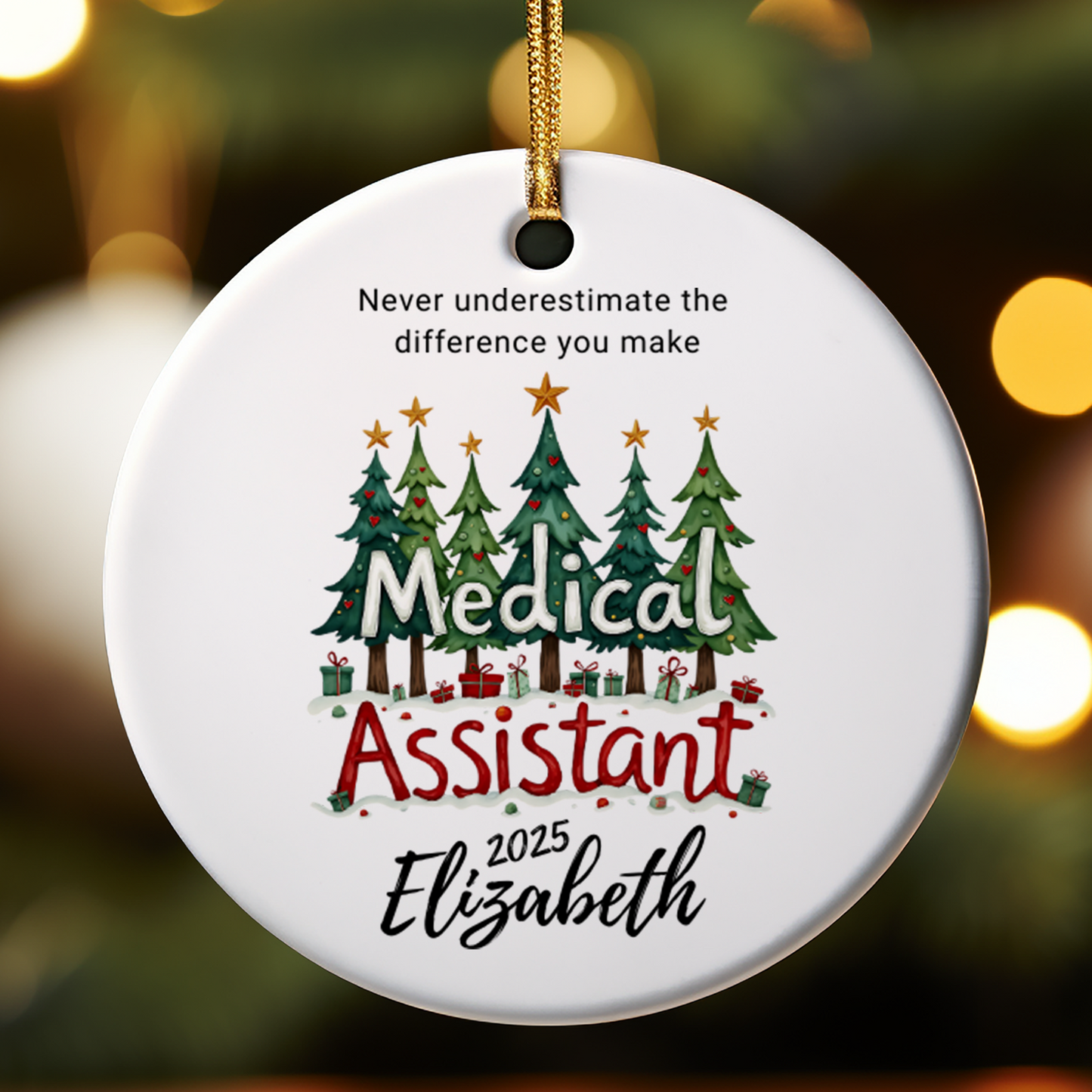 Personalized Medical Assistant Christmas ornament with custom name and year.