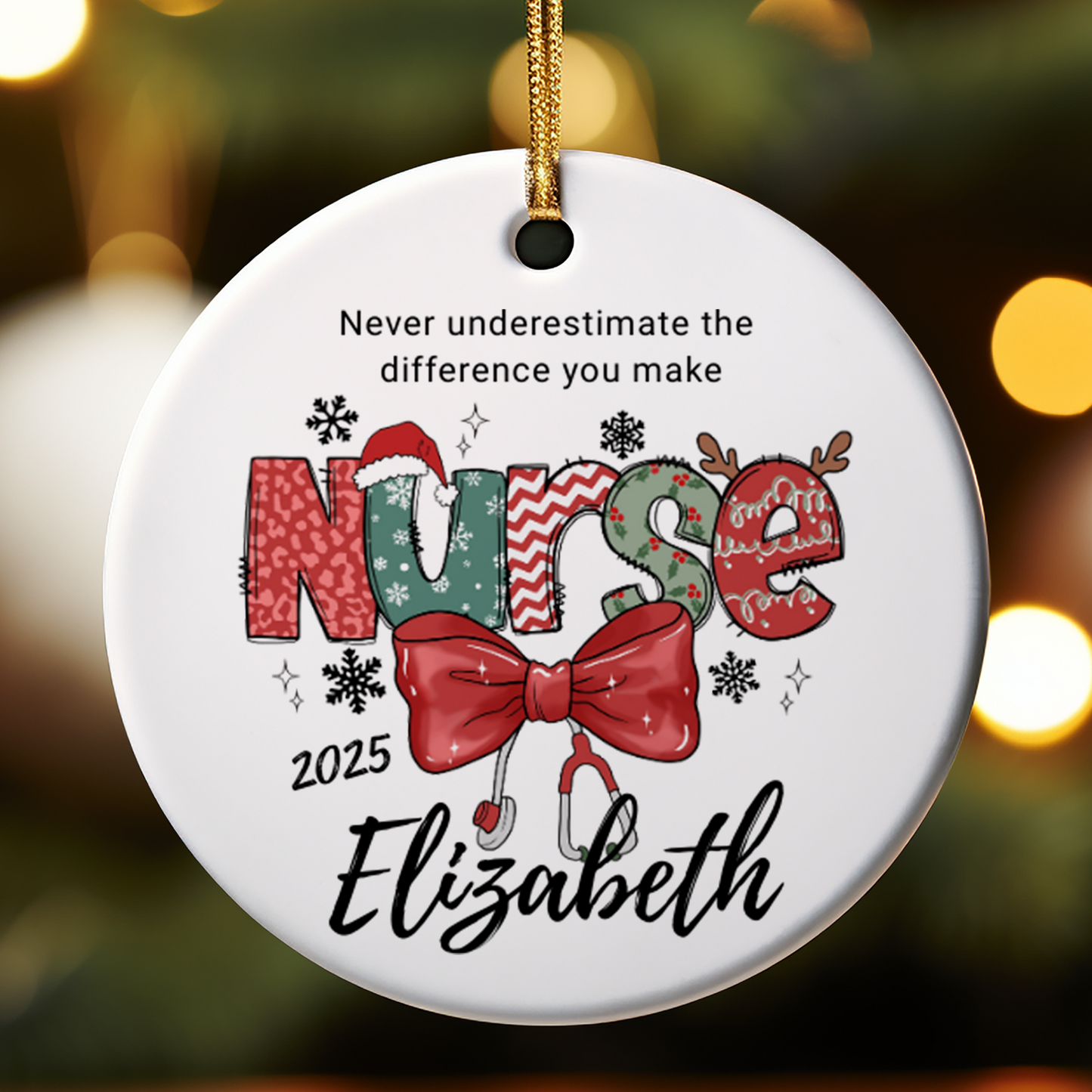 Personalized Nurse Christmas ornament with custom name and year, perfect for nurse appreciation, graduation, and holiday gifts.