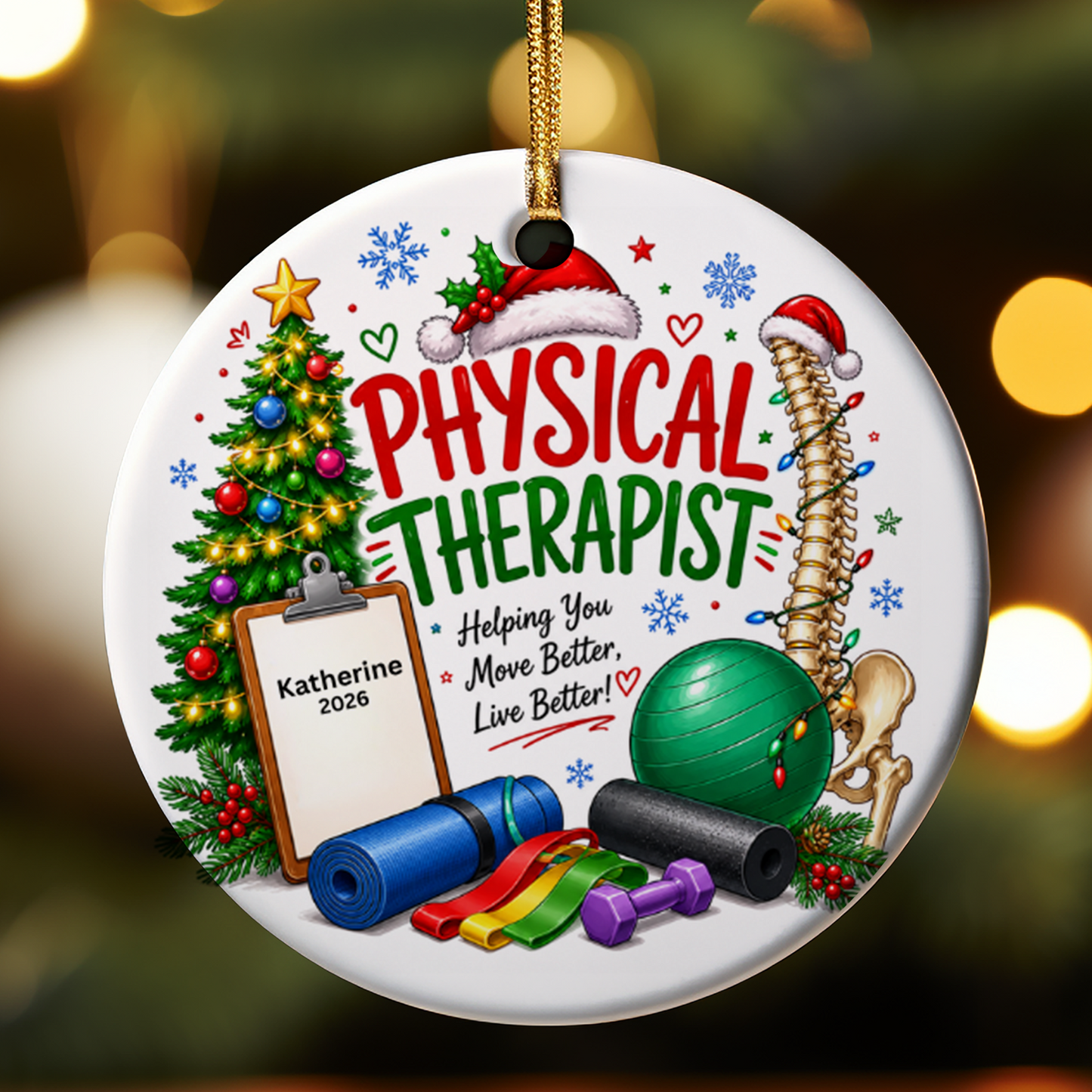 Personalized Physical Therapist Christmas ornament with custom name an year, perfect for PT graduation and holiday gifts.