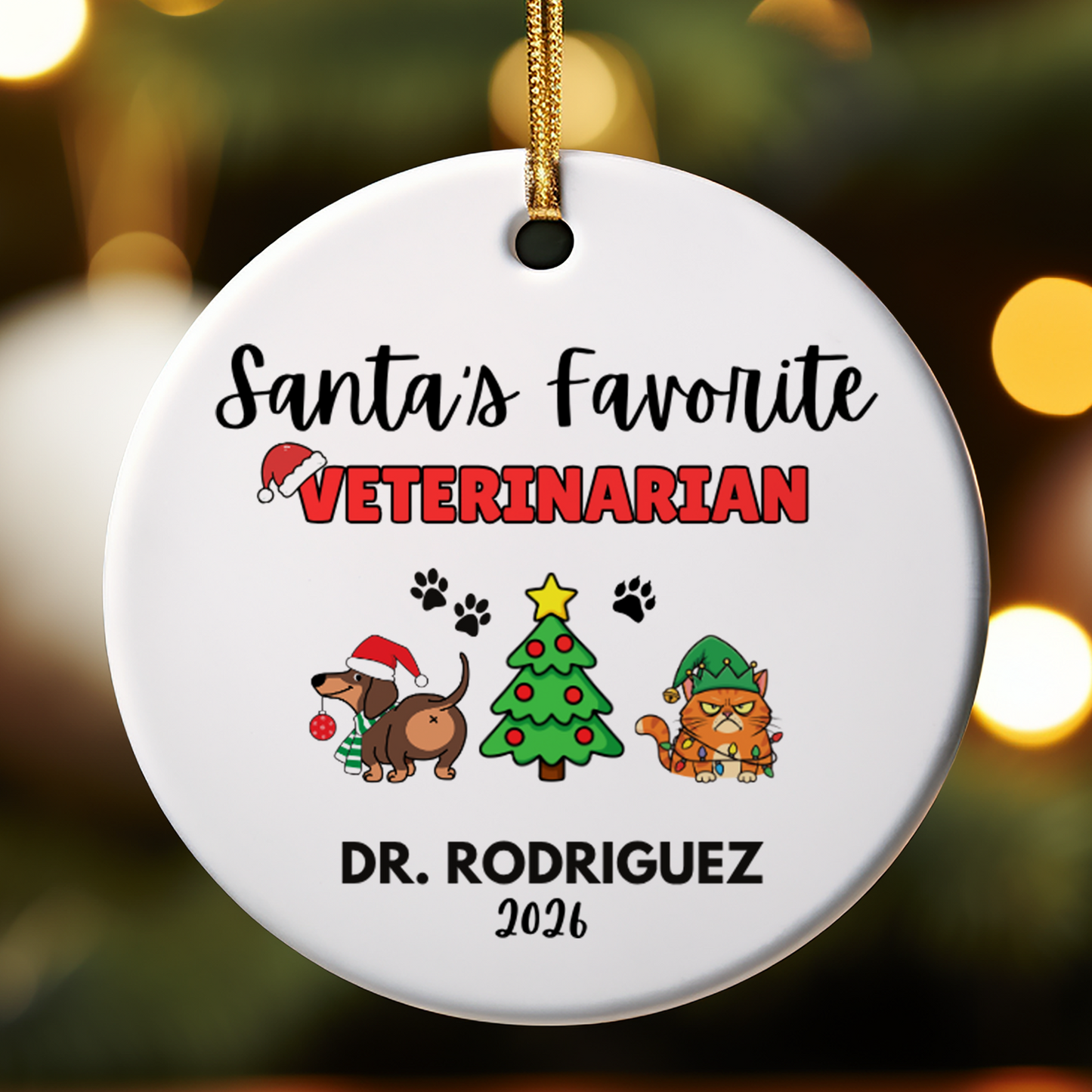 Personalized Veterinarian Christmas ornament with custom name, perfect for veterinarians, veterinary graduates, and animal lovers.