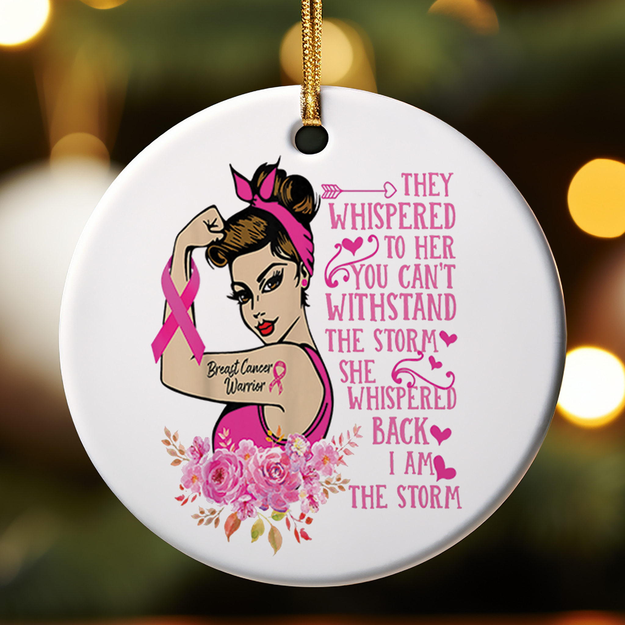 Decorative breast cancer awareness ornament featuring a woman with a pink ribbon, floral elements, and inspirational quote on a white background.