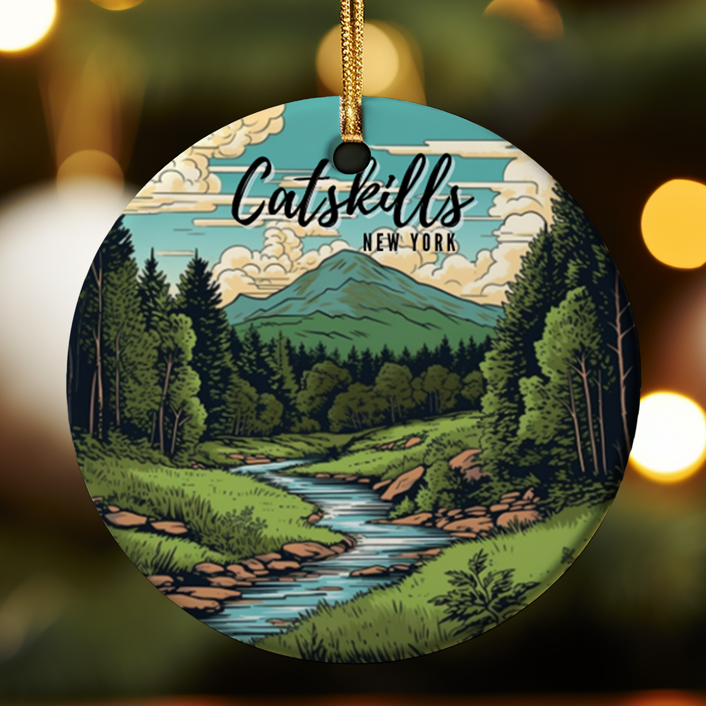 Circular ornament with Catskills New York design featuring a mountain, trees, and stream.