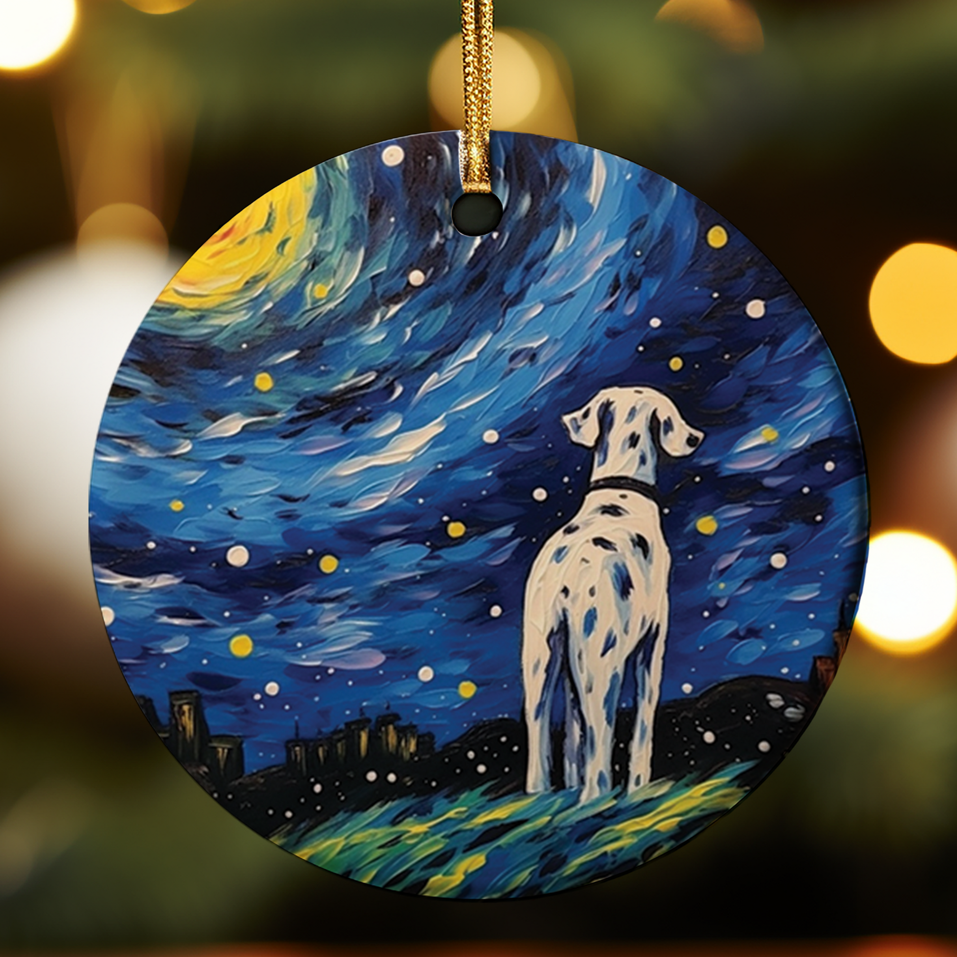 Decorative Dalmatian ornament with swirling night sky design inspired by post-impressionist art.