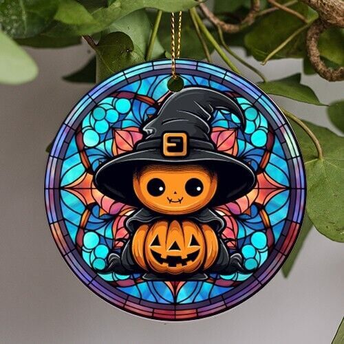 This halloween holiday ornament is in a stained glass art style. This adorable happy faced pumpkin witch sits in the middle wearing her large charcoal hat and cloak. Staring out happily holding a smiling Jack-O-Lantern in front of her. 