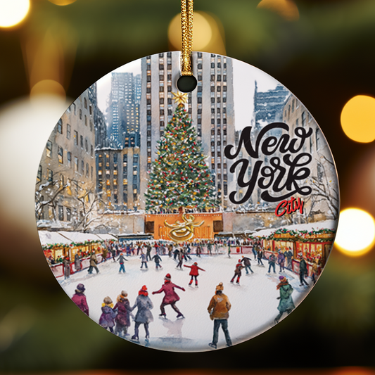 Inspired Rockefeller Center Christmas ornament with New York City scene, tree, and skaters.