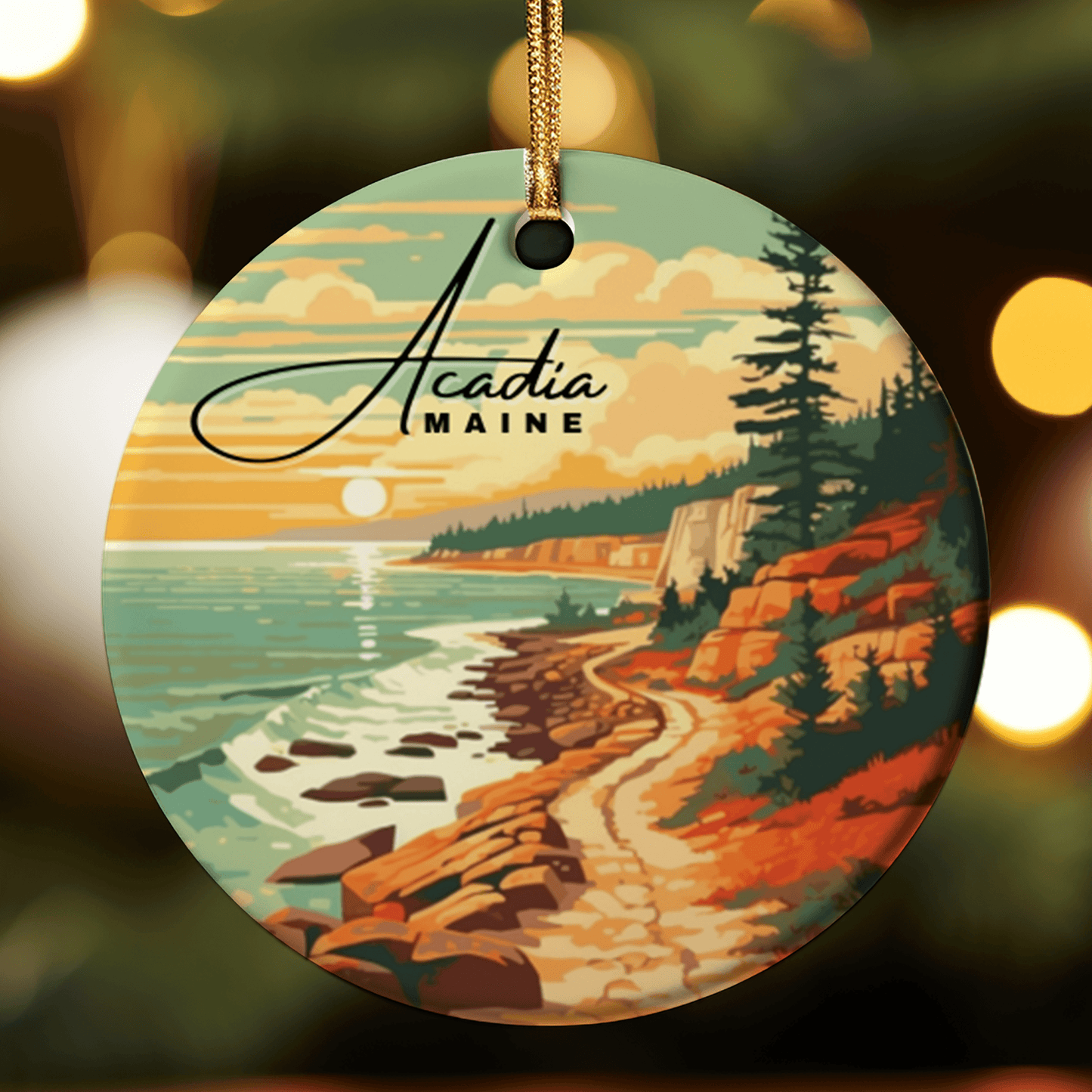 Circular ornament with Acadia Maine landscape design on a blurred background