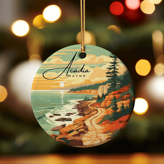 Ceramic ornament depicting a scenic view of Acadia National Park in Maine, featuring coastal landscapes and natural beauty, ideal as a travel-themed gift.