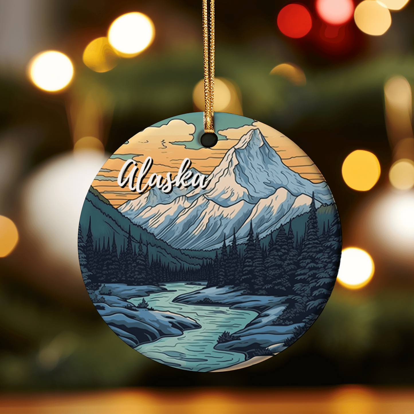 This holiday ornament displays one the three famous Alaskan mountains. As the warm clouded sky make the lush trees seem serene as the range drains into the Yukon river basin. The snowy ground and snowcapped mountain peak through the green forest.