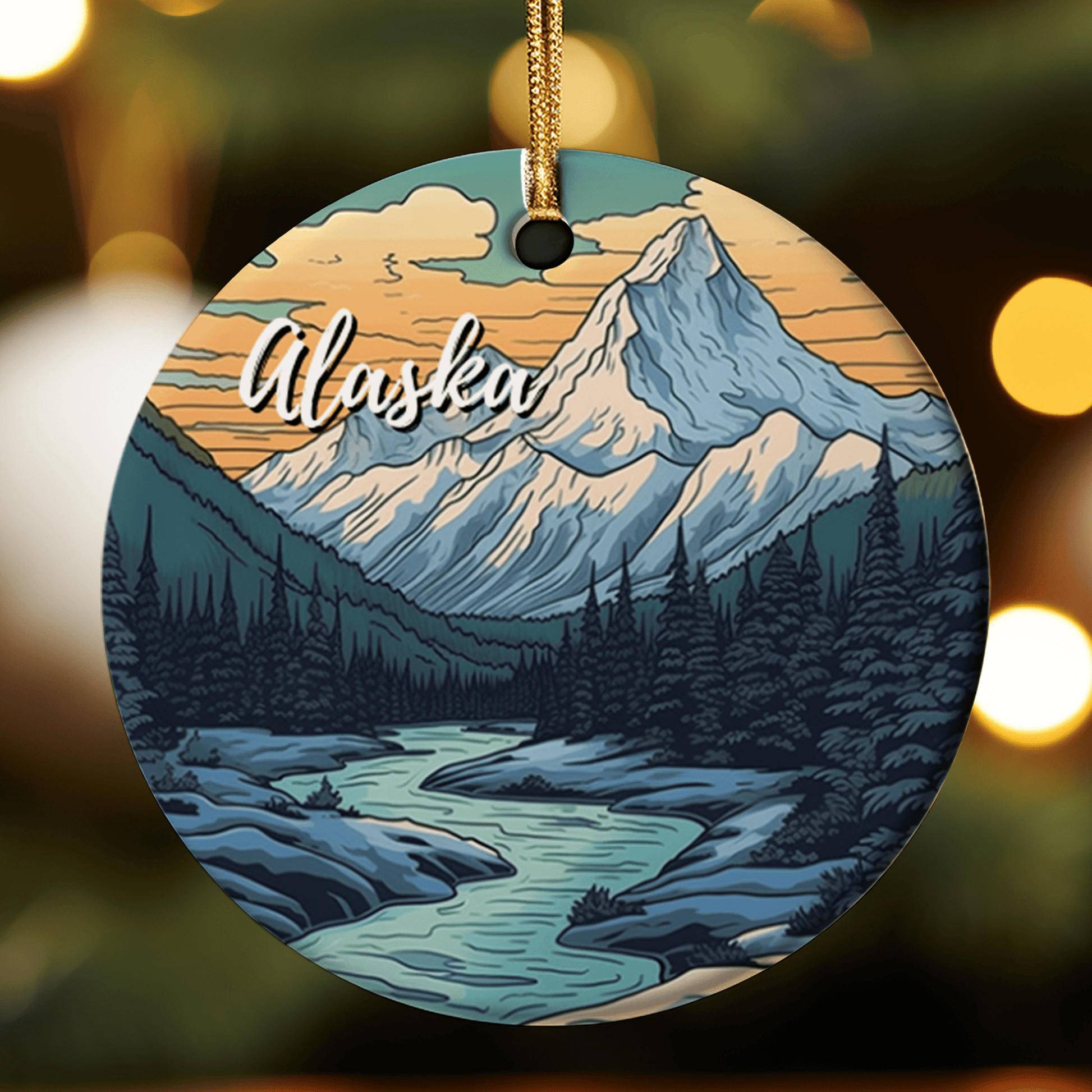 Circular ornament with a mountain and river design and 'Alaska' text, against a blurred festive background.