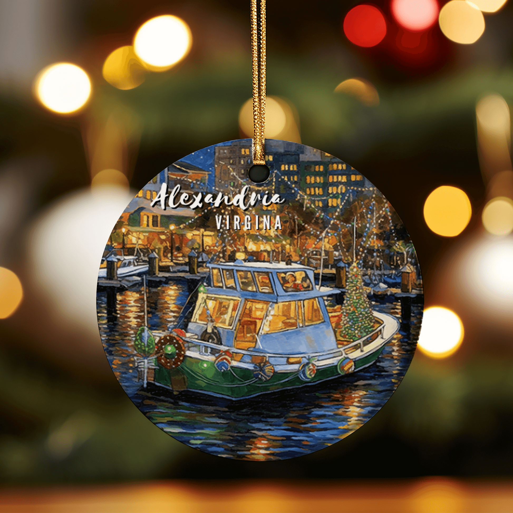 This holiday ornament displays the famous Potomac River Christmas Light Boat Parade in Alexandria Virginia. The boat in the image coasts down toward bustling Waterfront Park’s shops during the nights sky. The warm glow reflects off the water.