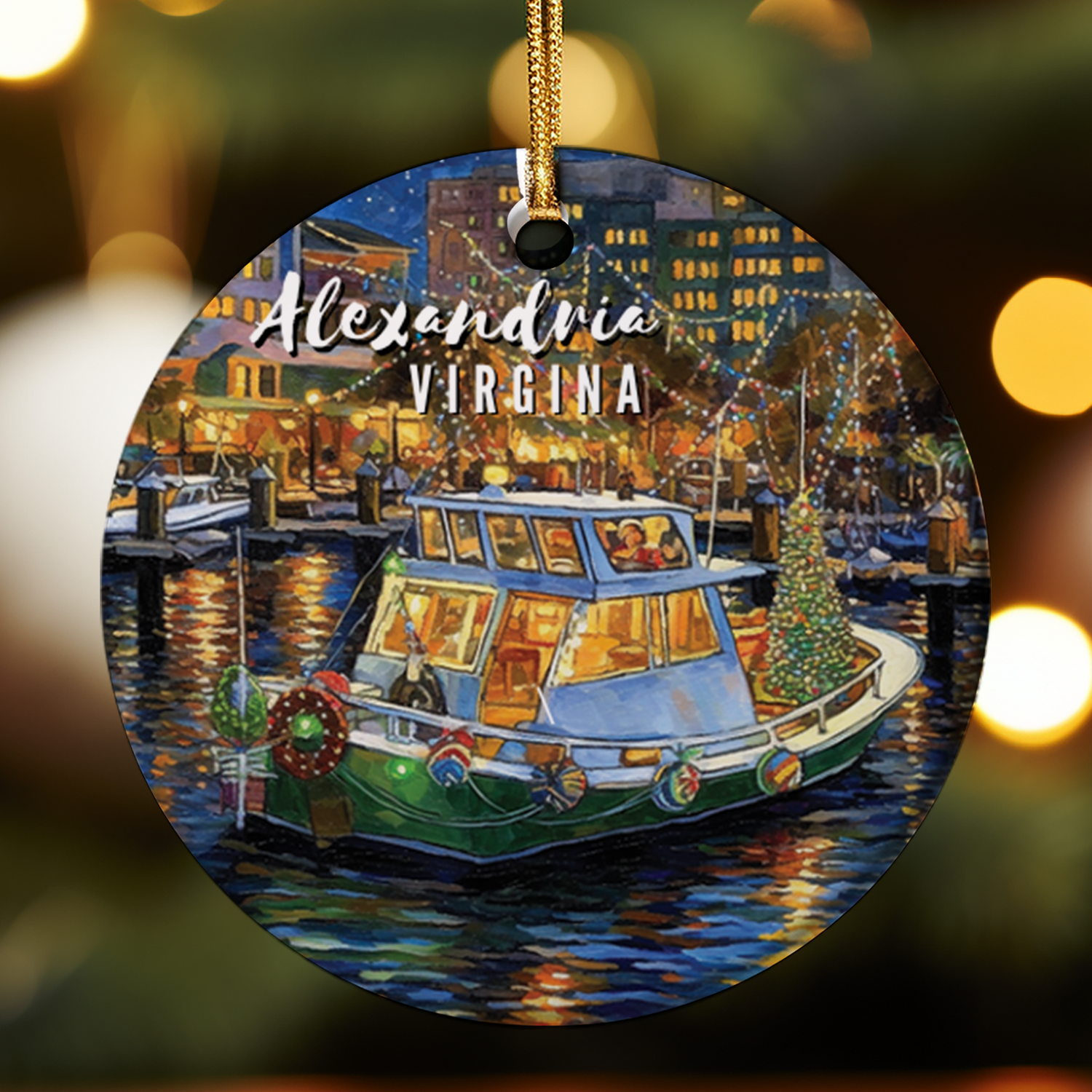 Decorative ornament with a boat and cityscape, featuring 'Alexandria Virginia'.