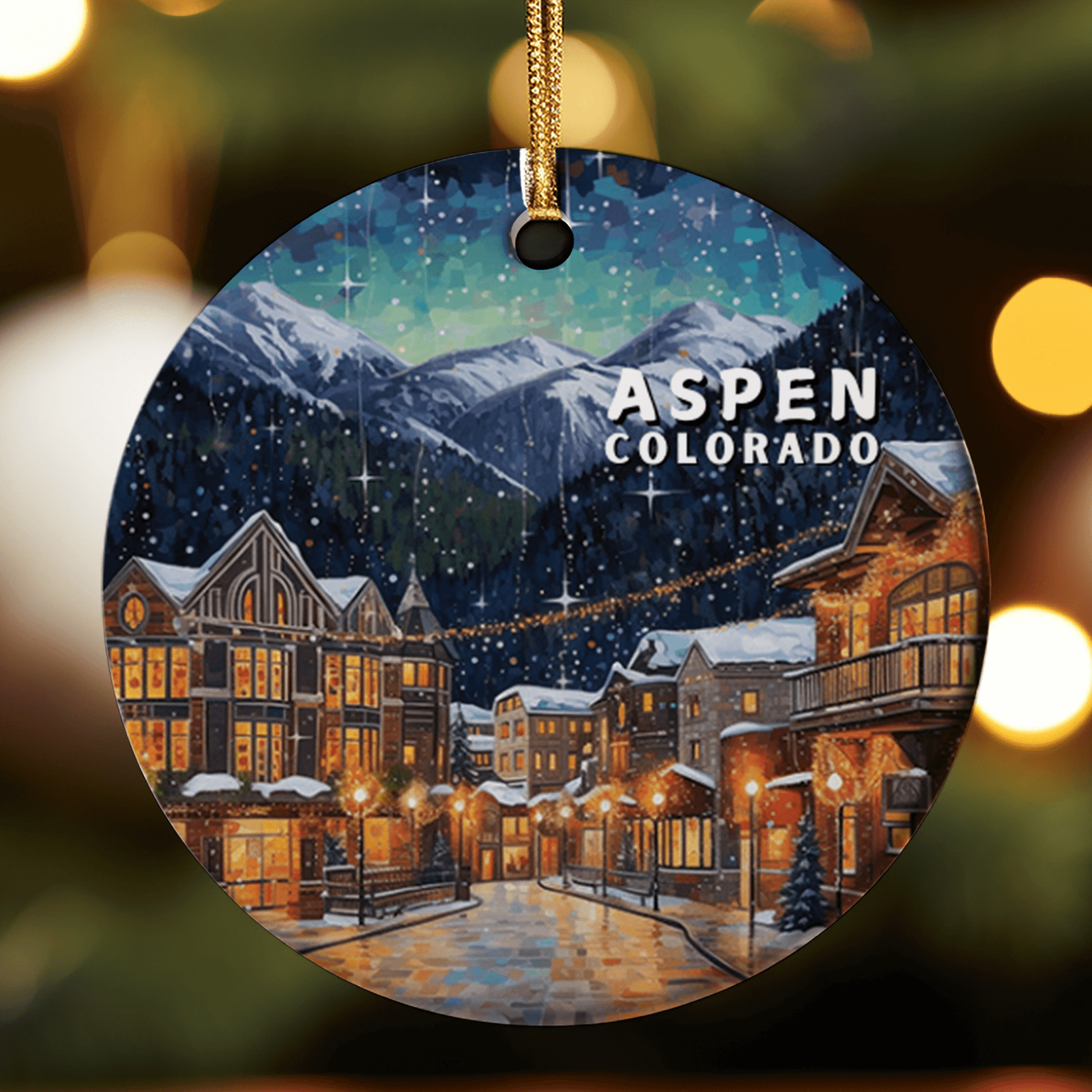 Round Christmas ornament with a snowy town scene and 'Aspen Colorado' text, surrounded by blurred lights.