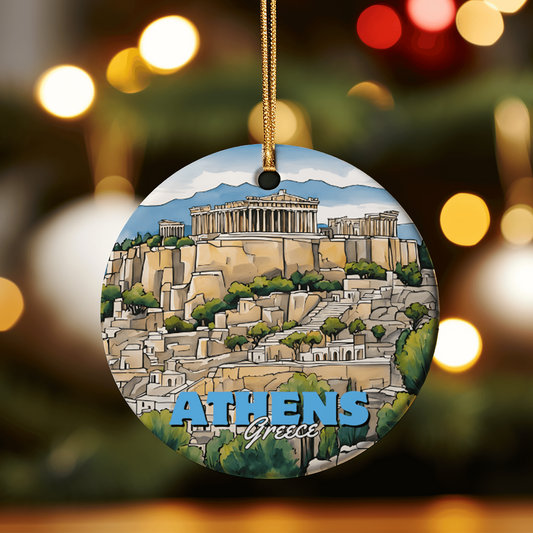 Decorative ceramic ornament featuring an illustration of The Acropolis in Athens, Greece, designed as a travel gift.