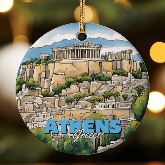Circular ornament with Parthenon illustration and 'Athens, Greece' text on a blurred background