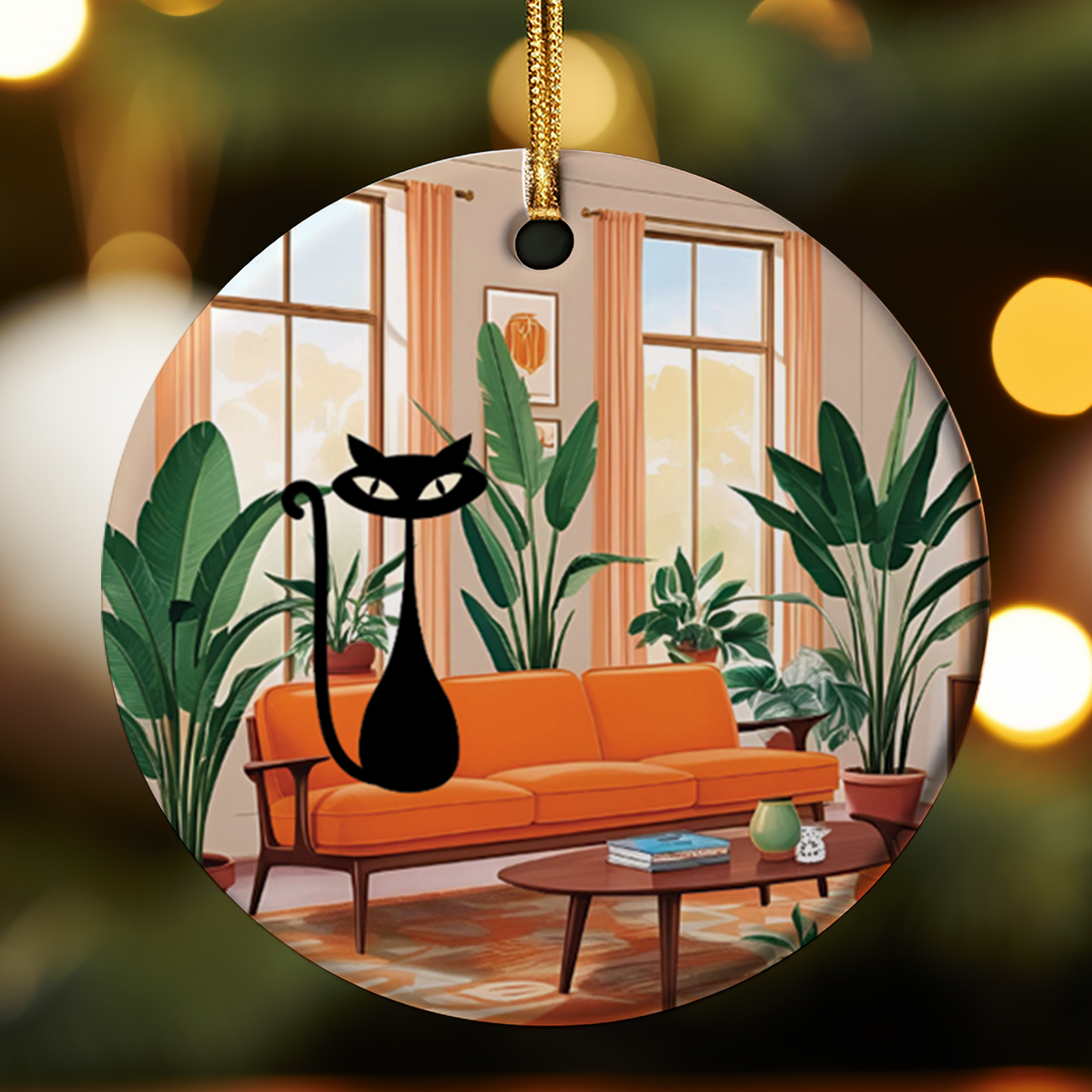 Decorative ornament with a living room scene featuring an orange couch, plants, and a black cat.