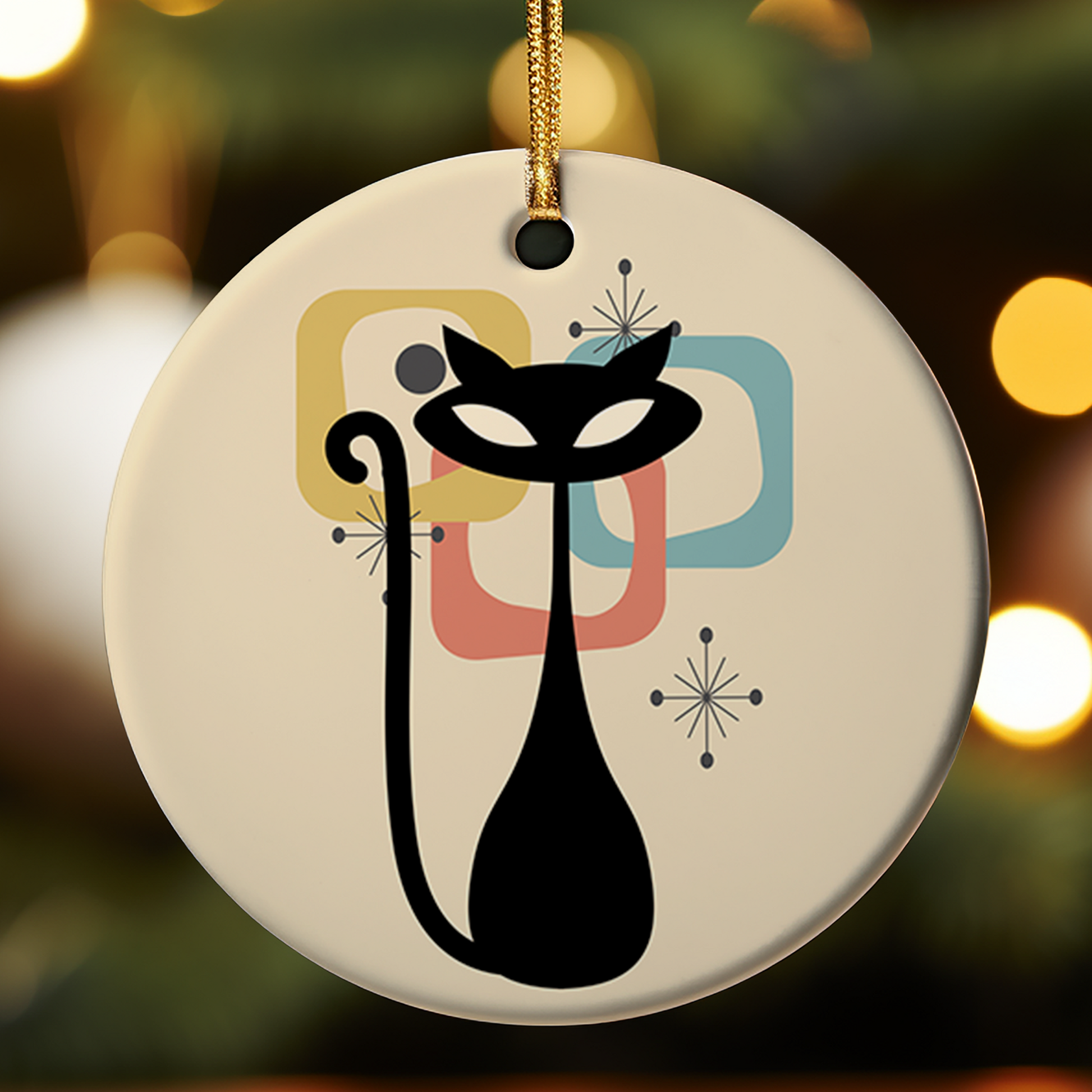 Decorative ornament featuring a sleek black cat silhouette set against a warm beige background, enhanced with subtle geometric square accents.