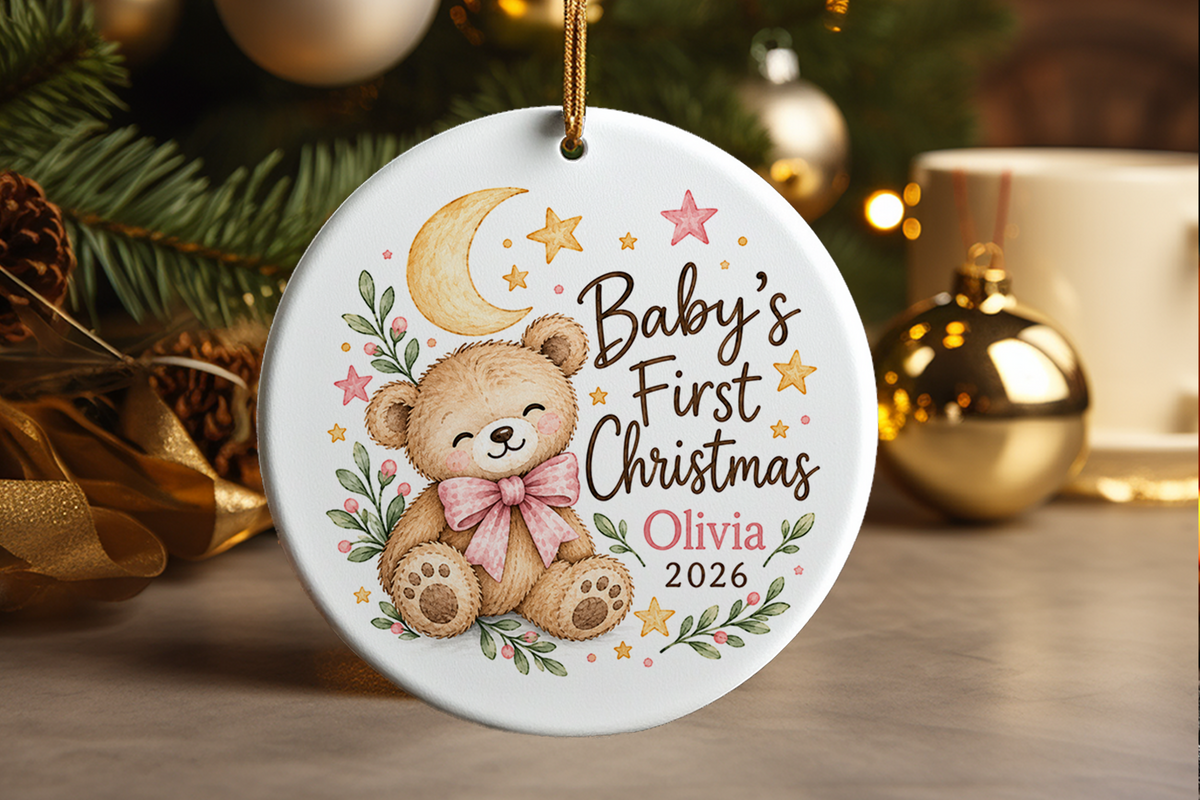 Personalized Baby First Christmas Ornament, Teddy Bear, Boy Girl Neutral, Newborn Keepsake