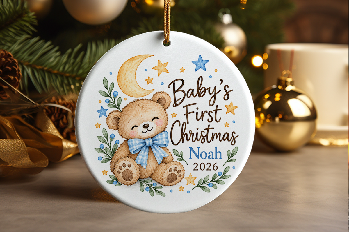 Personalized Baby First Christmas Ornament, Teddy Bear, Boy Girl Neutral, Newborn Keepsake