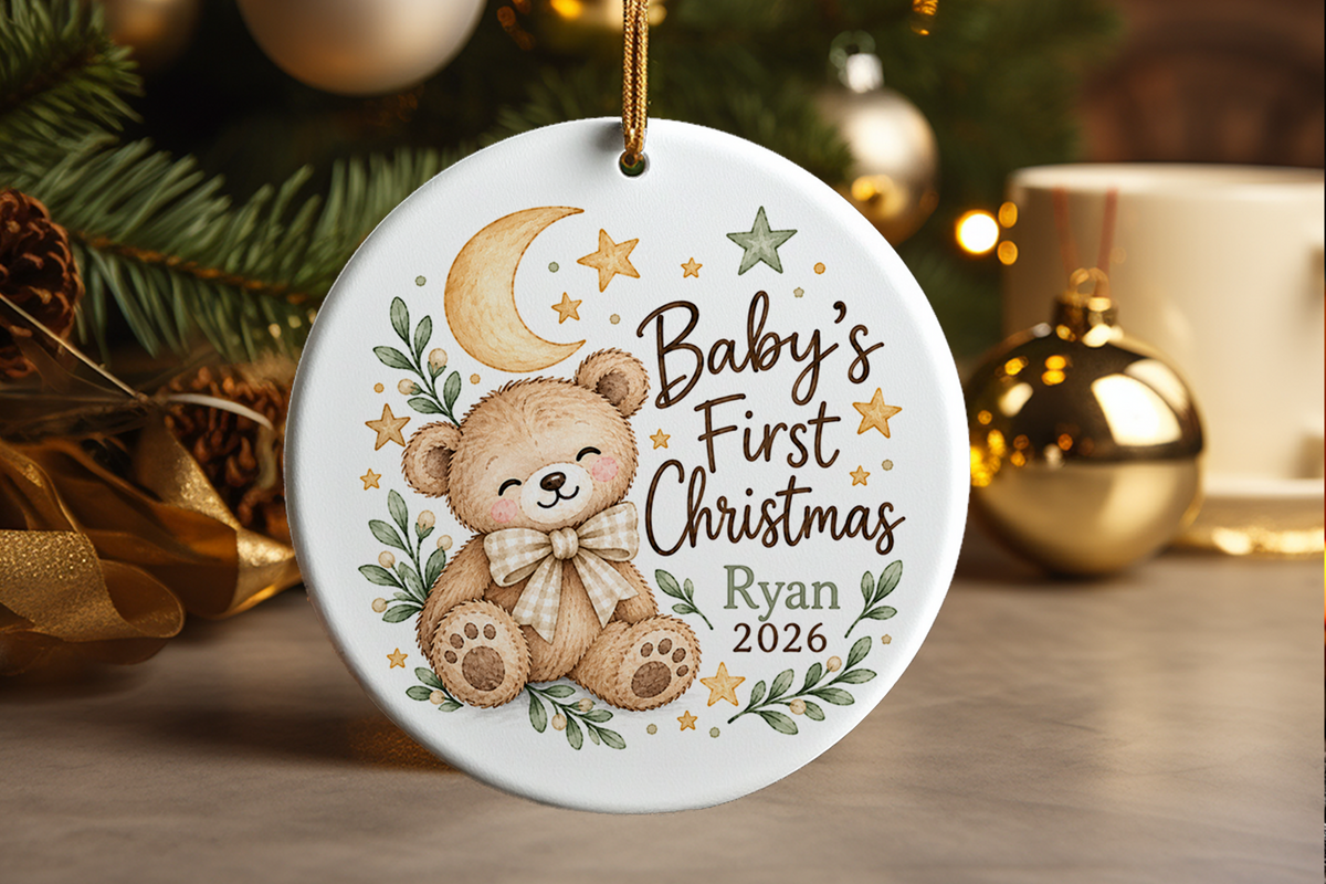 Personalized Baby First Christmas Ornament, Teddy Bear, Boy Girl Neutral, Newborn Keepsake