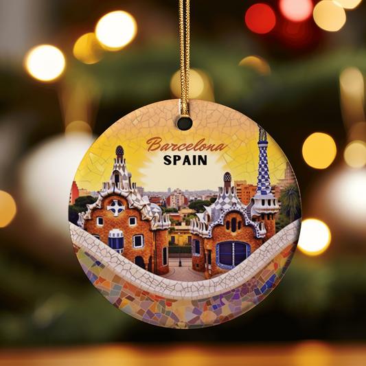 This vibrant ornament features an image of the casa batllo&#39; building in Barcelona, Spain with a sunset background.