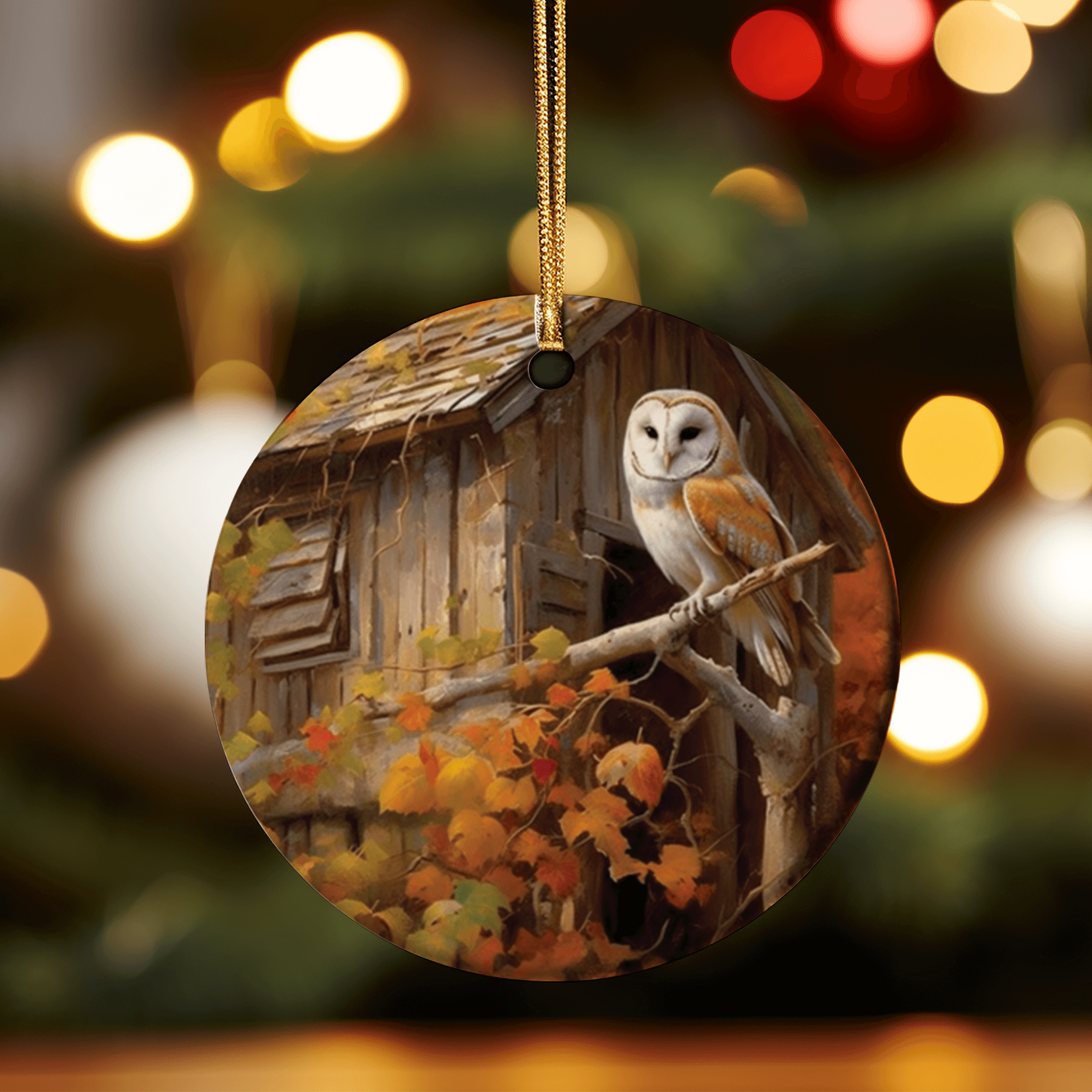 This holiday ornament shows a beautiful brown and white owl perched on an Autumn golden and orange leafed tree in front of an old weathered wooden cabin.