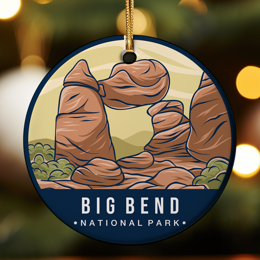 Circular ornament with Big Bend National Park design on a blurred background