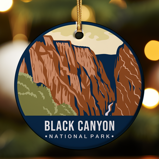Ornament with Black Canyon National Park design on a blurred lights background