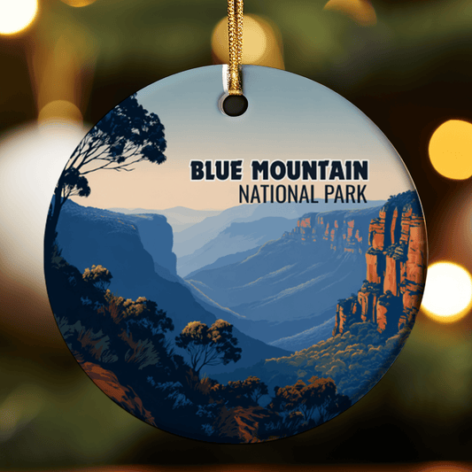 Round ornament with Blue Mountain National Park design on a blurred background