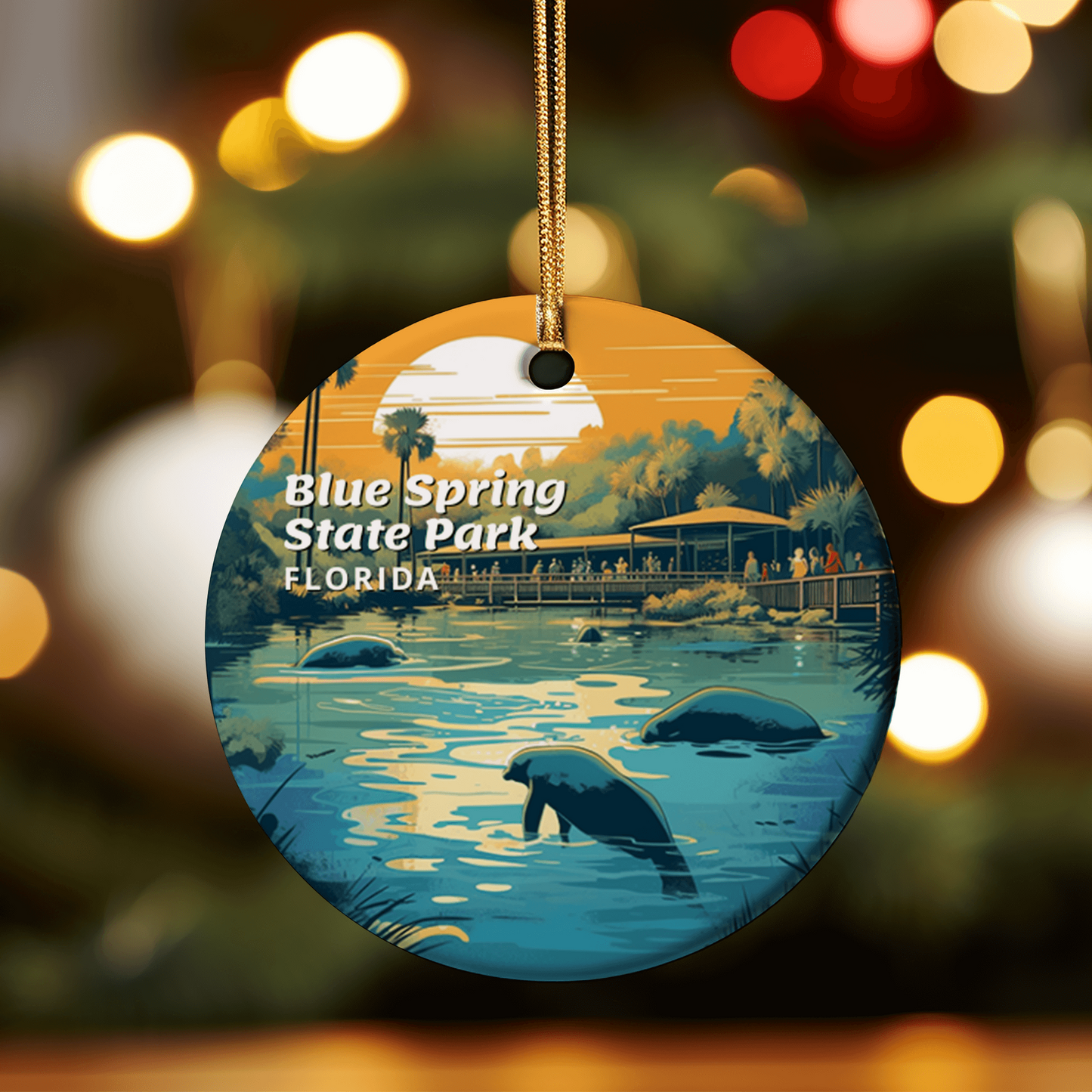 Souvenir ornament depicting Blue Spring State Park, highlighting a manatee swimming among vibrant blue waters, surrounded by lush greenery, perfect for wildlife enthusiasts.