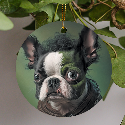 This Everyday Ornament is of an impressionist art style Boston Terrier in Green, White, and Black tricolored face like Frankenstein’s monster. The cute hairy green gray eyed doggy has curly black hair on top between the ears and an adorable pink birthmark on the right side of the lip. Dressed with an old oil rubbed leather collar.