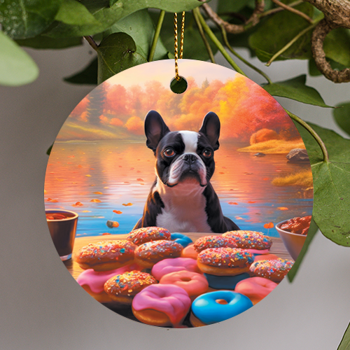 This Everyday Ornament is a painting of a black and white Boston terrier sitting in front of colorful donuts with an autumn background.