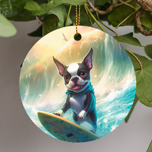 This Everyday Ornament is a painting of a black and white Boston terrier surfing at the beach catching waves on a summer day.