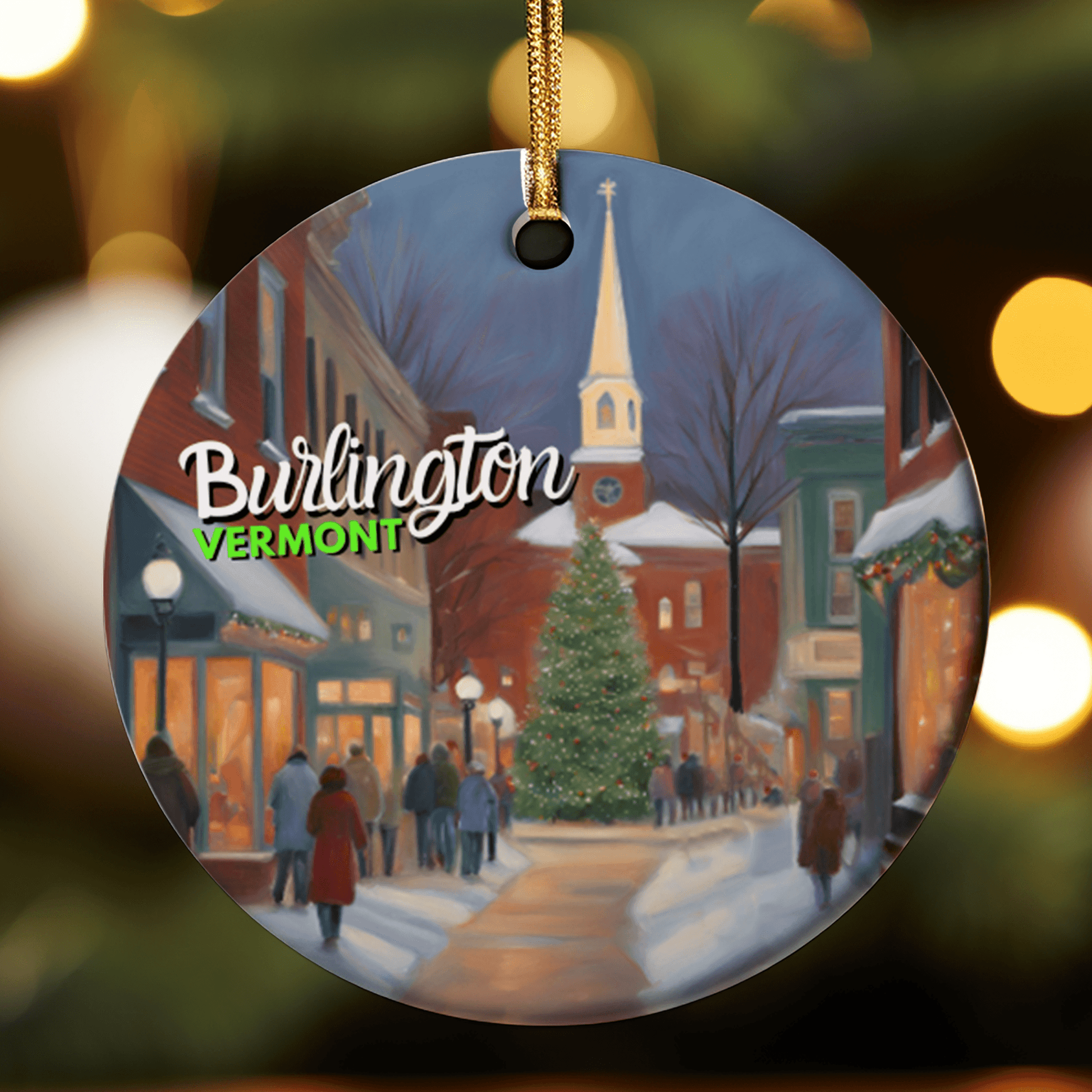 Circular Christmas ornament with Burlington, Vermont illustration on a blurred lights background
