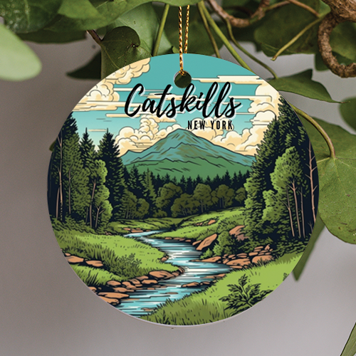 Catskill mountain ornament: scenic view of mountains, trees, and a stream.