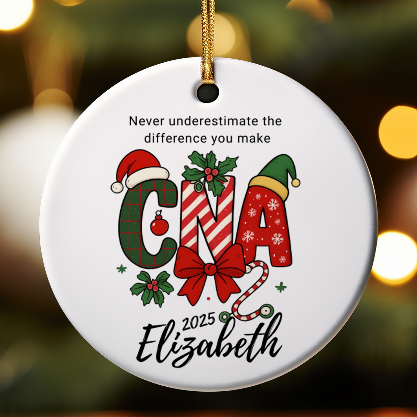 Personalized CNA Christmas ornament with custom name, perfect for Certified Nursing Assistant graduation, appreciation, and holiday gifts.